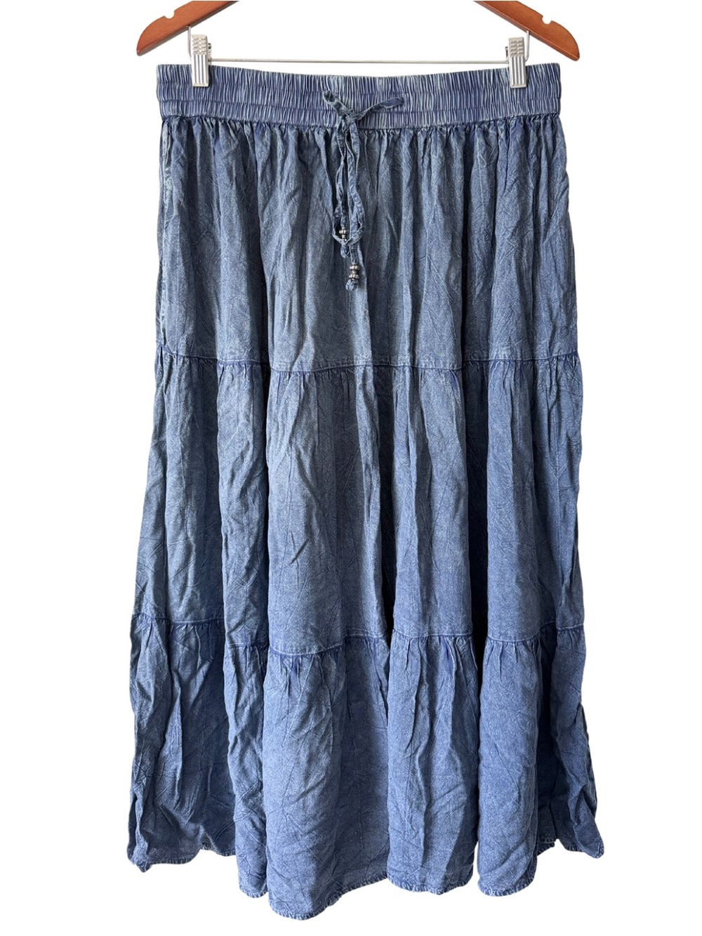 Mlle Gabrielle Blue Denim Look Tiered Midi Skirt Womens Plus Size 1X Drawstring - Picture 1 of 7